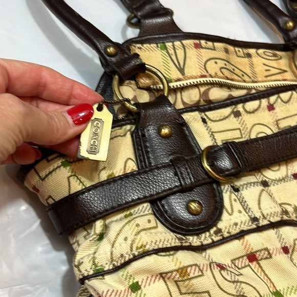 Coach BEIGE brown Tattersall Graffiti TOTE BAG PURSE 2 handles multi pockets 15” - Picture 6 of 16